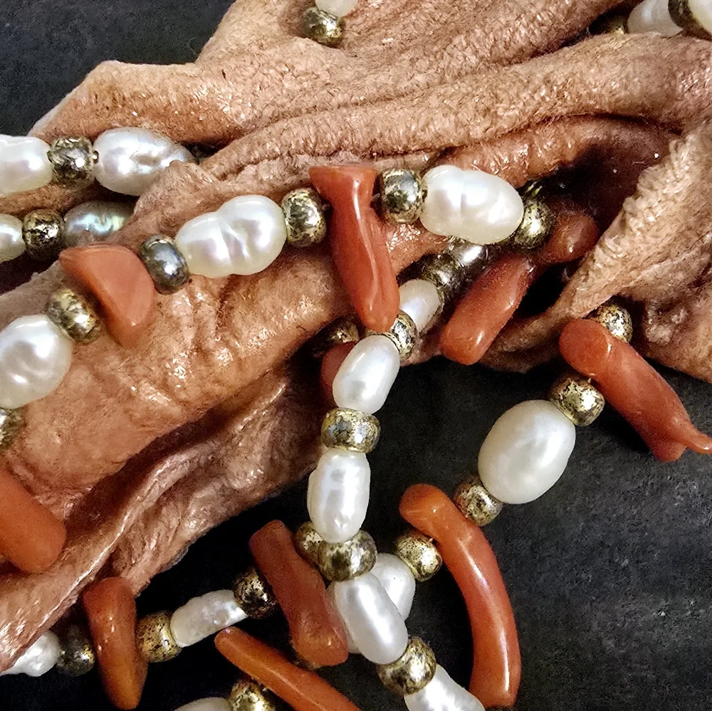 Vintage Branch Coral Pearl Suede Leather Hand Crafted Artist Designer Brooch Pin